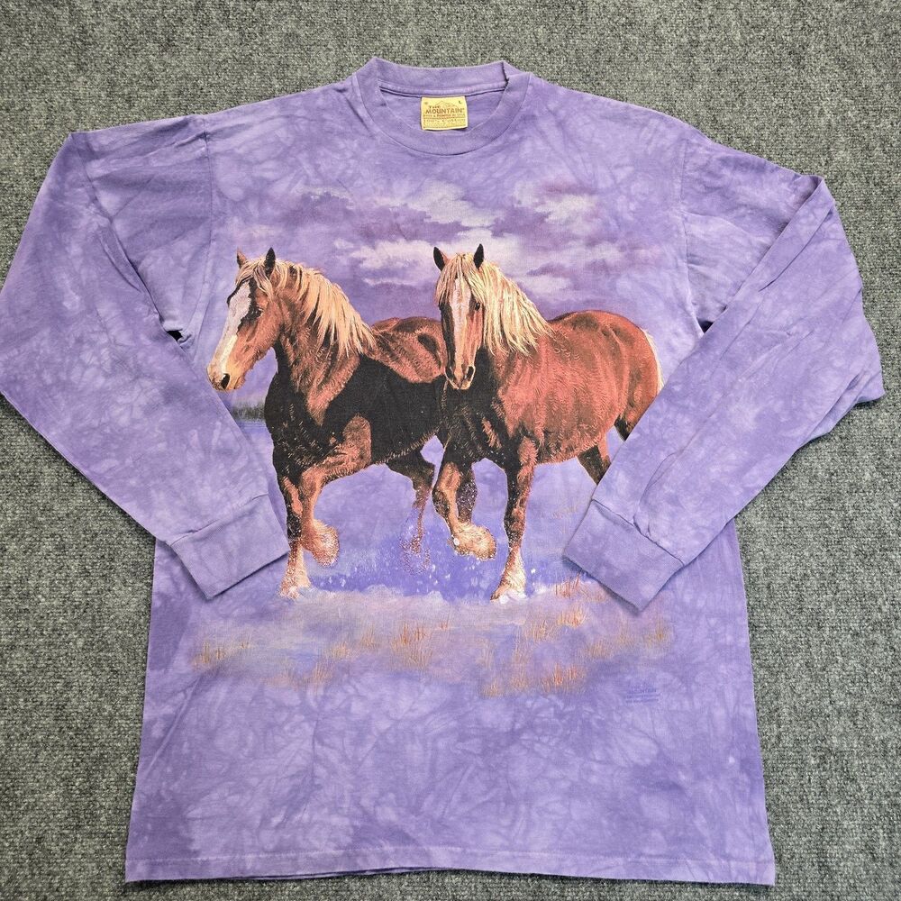 Vintage The Mountain Y2K 2002 Purple Tie Dye Twin Horse Long Sleeve Shirt Sz L